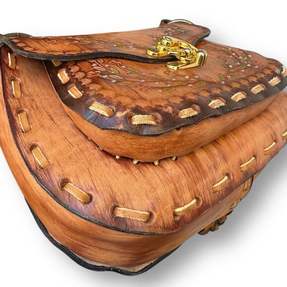 Hand Tooled Leather Boho Hippie Bag Painted Flower Purse Whipstitch - Picture 6 of 12